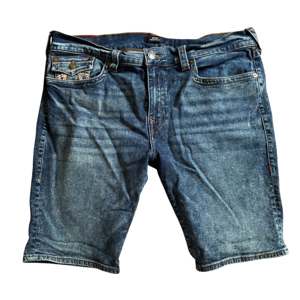 True Religion Rocco Mens 40 Denim Shorts Flap Pocket Contrast Stitch Medium Wash